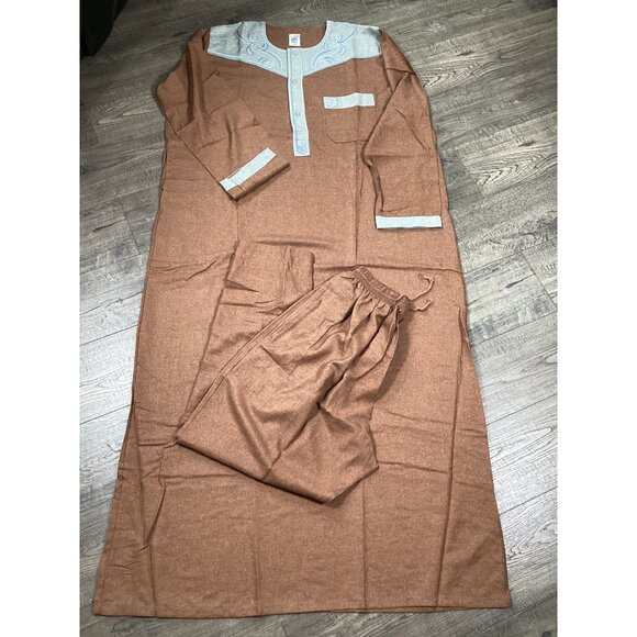 Brown KAF Mens Traditional Thobe & Pants Set With Embroidered Details Size 58 - Picture 1 of 11